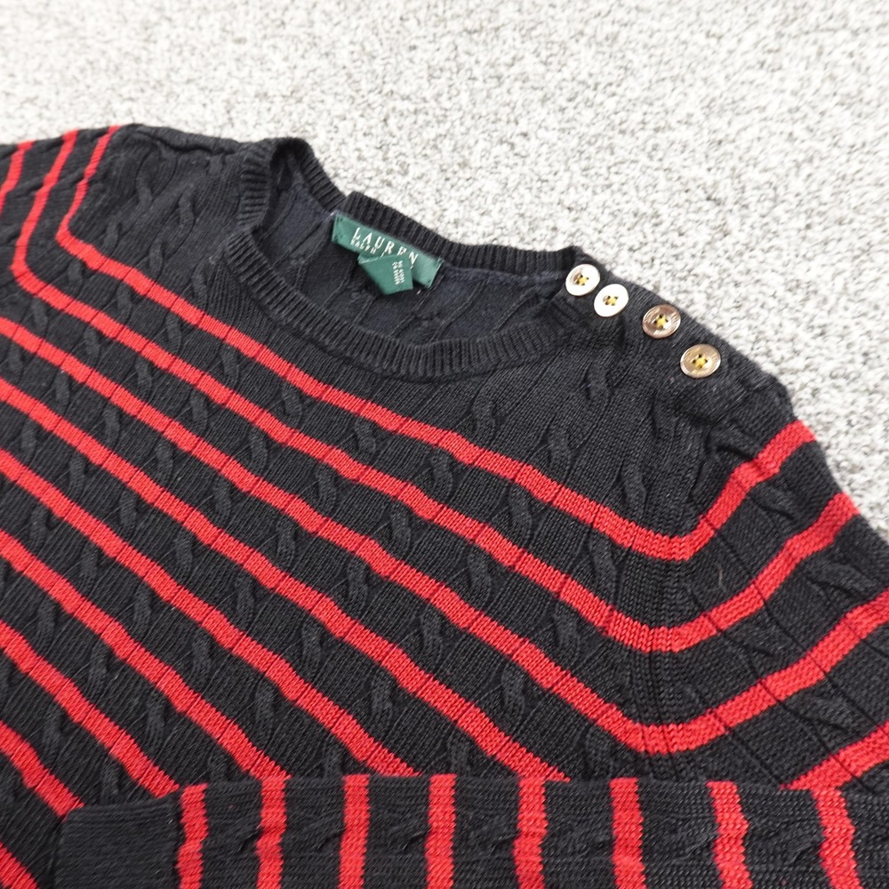 Ralph Lauren Sweater Womens 1X Black Red Fisherman Cable Knit Pullover Crewneck